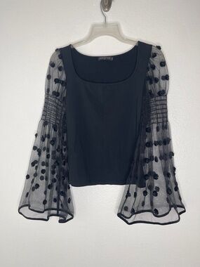 Anne Fontaine Black Long Bell Tulle Sleeve 3D Velvet Dots Stretch Top Sz 38 US 6